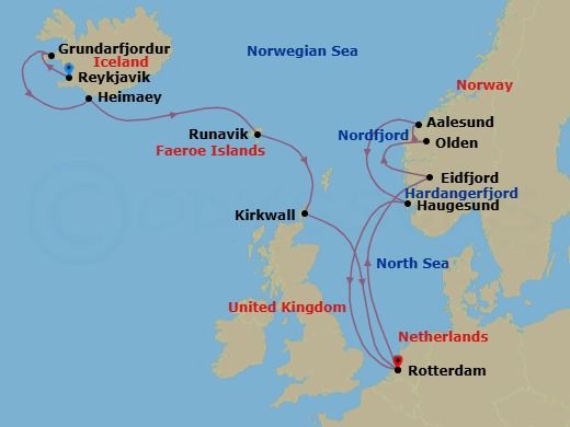 Route map: Reykjavik, Iceland → Grundarfjordur, Iceland → Heimaey, Westman Islands, Iceland → Runavik, Faroe Islands → Kirkwall, Scotland, United Kingdom → Rotterdam, The Netherlands → Eidfjord, Norway → Olden, Norway → Alesund, Norway → Haugesund, Norway