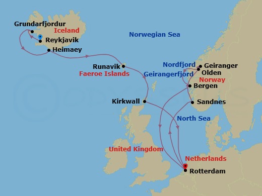 Route map: Reykjavik, Iceland → Grundarfjordur, Iceland → Heimaey, Westman Islands, Iceland → Runavik, Faroe Islands → Kirkwall, Scotland, United Kingdom → Rotterdam, The Netherlands → Sandnes (Stavanger), Norway → Olden, Norway → Geiranger, Norway → Bergen, Norway