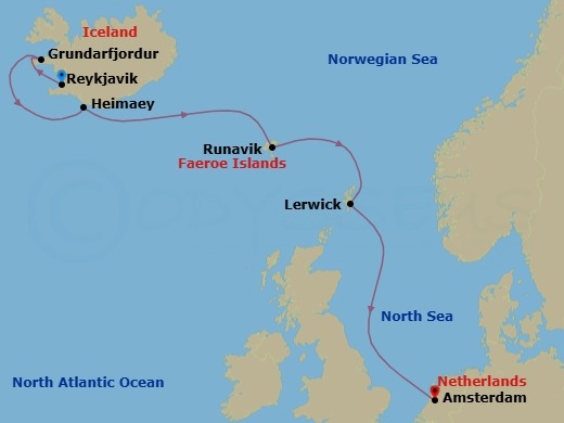 Route map: Reykjavik, Iceland → Grundarfjordur, Iceland → Heimaey, Westman Islands, Iceland → Runavik, Faroe Islands → Lerwick, Shetland Islands, United Kingdom → Amsterdam, The Netherlands