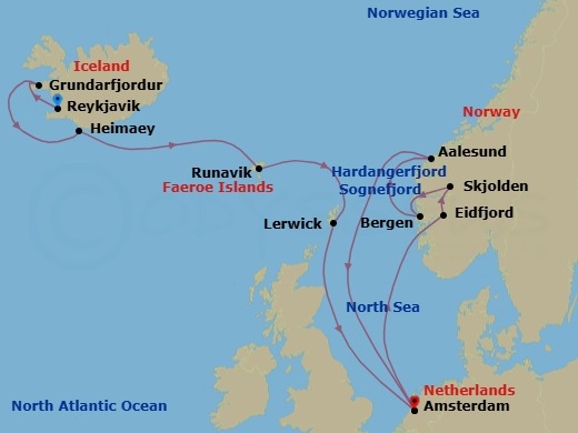 Route map: Reykjavik, Iceland → Grundarfjordur, Iceland → Heimaey, Westman Islands, Iceland → Runavik, Faroe Islands → Lerwick, Shetland Islands, United Kingdom → Amsterdam, The Netherlands → Eidfjord, Norway → Skjolden, Norway → Bergen, Norway → Alesund, Norway