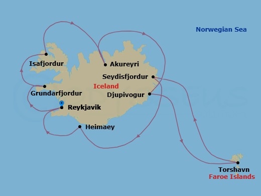 Route map: Reykjavik → Grundarfjordur → Isafjordur → Akureyri → Djupivogur → Torshavn (Faroe Islands) → Seydisfjodur → Heimaey → Reykjavik