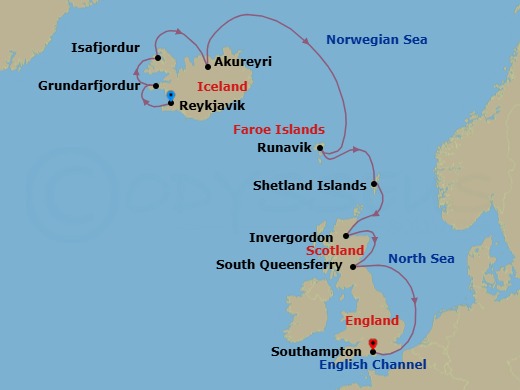 Route map: Reykjavik, Iceland → Grundarfjordur, Iceland → Isafjordur, Iceland → Akureyri, Iceland → Runavik, Faroe Islands → Shetland Islands (Lerwick), Scotland → Invergordon, Scotland → Edinburgh (South Queensferry), Scotland → Southampton (for London), England