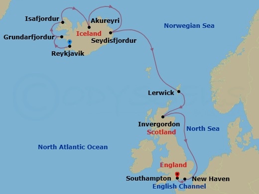 Route map: Reykjavik → Grundarfjordur → Isafjordur → Akureyri → Seydisfjodur → Lerwick (Shetland Islands) → Invergordon → Edinburgh (Newhaven) → London (Southampton)