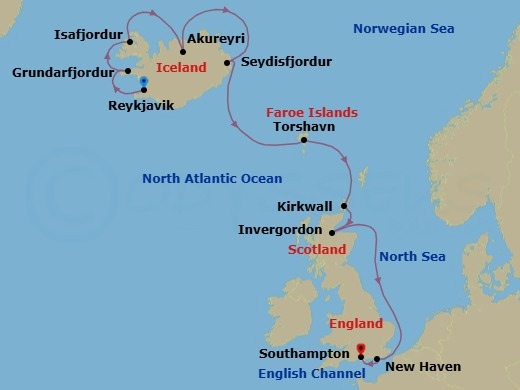 Route map: Reykjavik → Grundarfjordur → Isafjordur → Akureyri → Seydisfjodur → Torshavn (Faroe Islands) → Kirkwall (Orkney Islands) → Invergordon → Edinburgh (Newhaven) → London (Southampton)