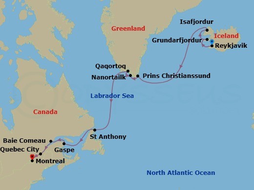 Route map: Reykjavik, Iceland → Grundarfjordur, Iceland → Isafjordur, Iceland → Nanortalik, Greenland → Qaqortoq, Greenland → St Anthony, Newfoundland, Canada → Gaspe, Quebec, Canada → Baie-Comeau, Quebec, Canada → Quebec City, Quebec, Canada → Montreal, Quebec, Canada