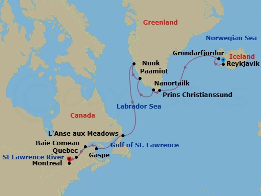 Route map: Reykjavik, Iceland → Grundarfjordur, Iceland → Nanortalik, Greenland → Paamiut (Frederikshab), Greenland → Nuuk (Godthab), Greenland → L Anse aux Meadows, Newfoundland, Canada → Gaspe, Quebec, Canada → Baie-Comeau, Quebec, Canada → Quebec City, Quebec, Canada → Montreal, Quebec, Canada