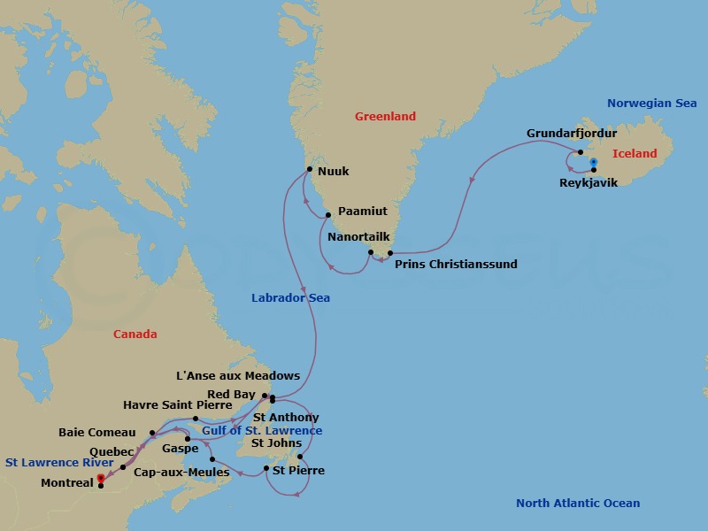 Route map: Reykjavik, Iceland → Grundarfjordur, Iceland → Nanortalik, Greenland → Paamiut (Frederikshab), Greenland → Nuuk (Godthab), Greenland → L Anse aux Meadows, Newfoundland, Canada → Gaspe, Quebec, Canada → Baie-Comeau, Quebec, Canada → Quebec City, Quebec, Canada → Montreal, Quebec, Canada