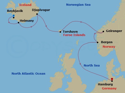 Route map: Reykjavik → Heimaey → Djupivogur → Thorshavn → Geiranger → Bergen → Hamburg