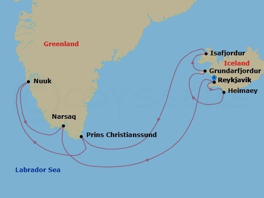 Route map: Reykjavik → Heimaey → Grundarfjordur → Isafjordur → Nuuk → Narsaq → Reykjavik