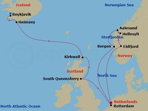 Route map: Reykjavik, Iceland → Heimaey, Westman Islands, Iceland → Kirkwall, Scotland, United Kingdom → South Queensferry (Edinburgh), Scotland, United Kingdom → Rotterdam, The Netherlands → Eidfjord, Norway → Hellesylt, Norway → Alesund, Norway → Bergen, Norway → Rotterdam, The Netherlands