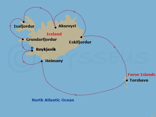 Route map: Reykjavik → Heimaey → Torshavn (Faroe Islands) → Eskifjordur → Akureyri → Isafjordur → Grundarfjordur → Reykjavik