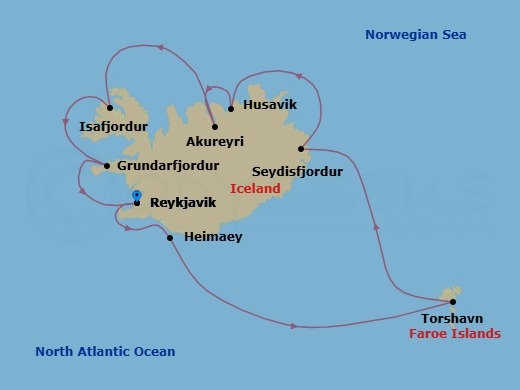 Route map: Reykjavik → Heimaey → Torshavn (Faroe Islands) → Seydisfjodur → Husavik → Akureyri → Isafjordur → Grundarfjordur → Reykjavik