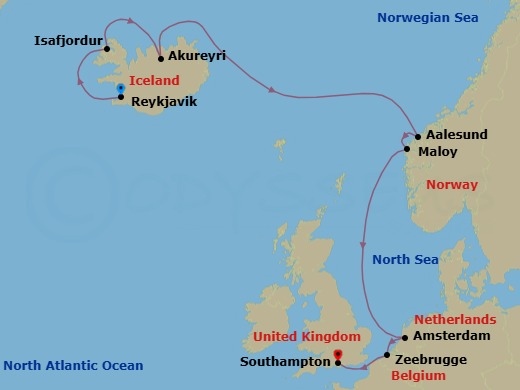Route map: Reykjavik, Iceland → Isafjordur, Iceland → Akureyri, Iceland → Alesund, Norway → Maloy, Norway → Amsterdam, Netherlands → Zeebrugge  Brussels Brugge, Belgium → London (Southampton), England, Great Britain