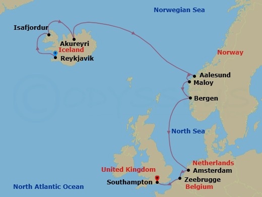 Route map: Reykjavik, Iceland → Isafjordur, Iceland → Akureyri, Iceland → Alesund, Norway → Maloy, Norway → Bergen, Norway → Amsterdam, Netherlands → Zeebrugge  Brussels Brugge, Belgium → London (Southampton), England, Great Britain