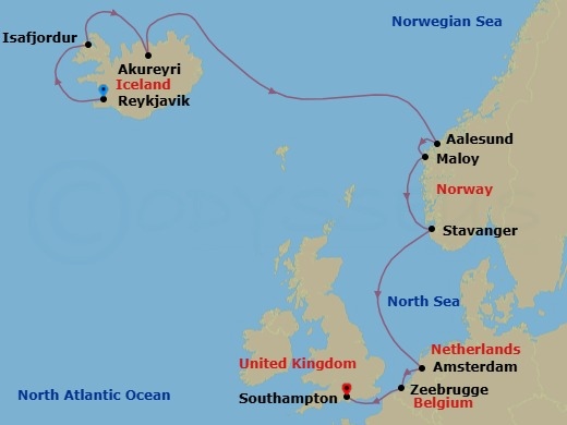 Route map: Reykjavik, Iceland → Isafjordur, Iceland → Akureyri, Iceland → Alesund, Norway → Maloy, Norway → Stavanger, Norway → Amsterdam, Netherlands → Zeebrugge  Brussels Brugge, Belgium → London (Southampton), England, Great Britain