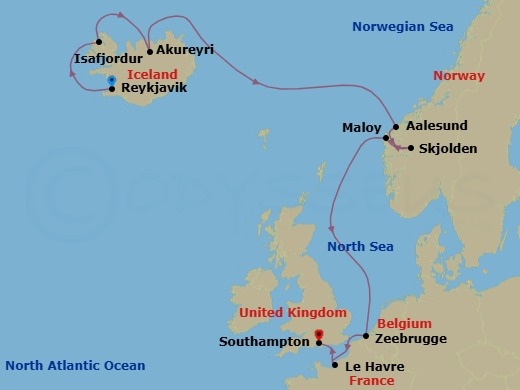 Route map: Reykjavik, Iceland → Isafjordur, Iceland → Akureyri, Iceland → Alesund, Norway → Skjolden, Norway → Maloy, Norway → Zeebrugge  Brussels Brugge, Belgium → Le Havre  Paris, France → London (Southampton), England, Great Britain
