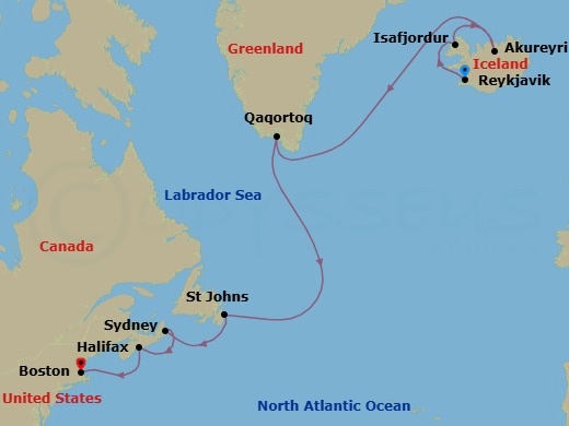 Route map: Reykjavik, Iceland → Isafjordur, Iceland → Akureyri, Iceland → Qaqortoq, Greenland → StJohns, Newfoundland → Sydney, Nova Scotia → Halifax, Nova Scotia → Boston, Massachusetts