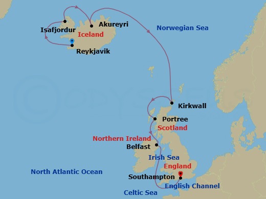 Route map: Reykjavik → Isafjordur → Akureyri → Kirkwall → Portree → Belfast → Southampton