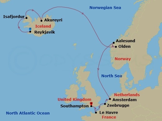 Route map: Reykjavik, Iceland → Isafjordur, Iceland → Akureyri, Iceland → Olden, Norway → Alesund, Norway → Amsterdam, Netherlands → Zeebrugge  Brussels Brugge, Belgium → Le Havre  Paris, France → London (Southampton), England, Great Britain