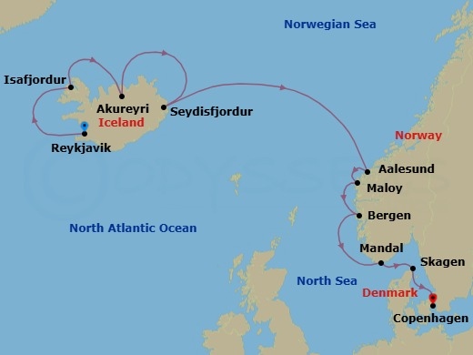 Route map: Reykjavik → Isafjordur → Akureyri → Seydisfjodur → Alesund → Maloy → Bergen → Mandal → Skagen → Copenhagen