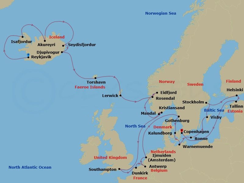 Route map: Reykjavik → Isafjordur → Akureyri → Seydisfjordur → Djupivogur → Torshavn (Faroe Islands) → Lerwick (Shetland Islands) → Rosendal → Eidfjord → Mandal