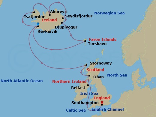 Route map: Reykjavik → Isafjordur → Akureyri → Seydisfjordur → Djupivogur → Thorshavn → Reykjavik → Stornoway (Isle Of Lewis) → Oban → Belfast
