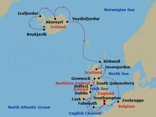 Route map: Reykjavik, Iceland → Isafjordur, Iceland → Akureyri, Iceland → Seydisfjordur, Iceland → Orkney Islands (Kirkwall), Scotland → Invergordon, Scotland → Edinburgh (South Queensferry), Scotland → Zeebrugge (for Brussels/Bruges), Belgium → Southampton (for London), England → Cornwall (Falmouth), England