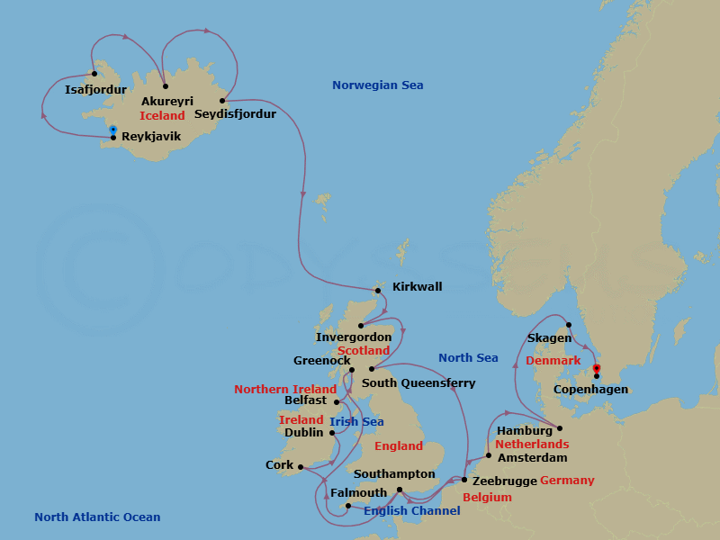 Route map: Reykjavik, Iceland → Isafjordur, Iceland → Akureyri, Iceland → Seydisfjordur, Iceland → Orkney Islands (Kirkwall), Scotland → Invergordon, Scotland → Edinburgh (South Queensferry), Scotland → Zeebrugge (for Brussels/Bruges), Belgium → Southampton (for London), England → Cornwall (Falmouth), England