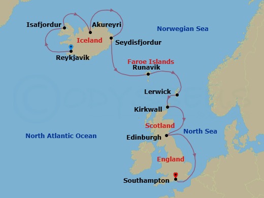 Route map: Reykjavik → Isafjordur → Akureyri → Seydisfjordur → Runavik (Faroe Islands) → Lerwick (Shetland Islands) → Kirkwall (Orkney Islands) → Edinburgh (Newhaven) → London (Southampton)