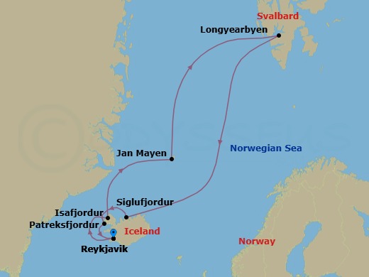 Route map: Reykjavik, Iceland → Isafjordur, Iceland → Jan Mayen Island, Norway → Longyearbyen, Norway → Siglufjordur, Iceland → Patreksfjordur, Iceland → Reykjavik, Iceland
