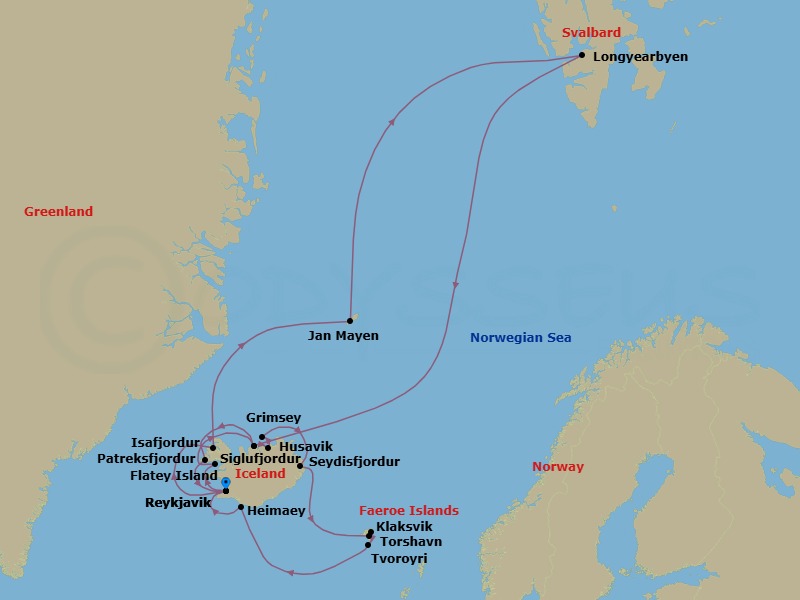 Route map: Reykjavik, Iceland → Isafjordur, Iceland → Jan Mayen Island, Norway → Longyearbyen, Norway → Siglufjordur, Iceland → Patreksfjordur, Iceland → Reykjavik, Iceland → Flatey, Iceland → Siglufjordur, Iceland → Husavik, Iceland