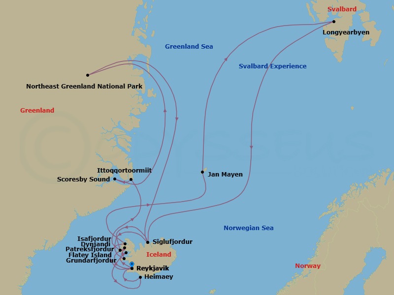 Route map: Reykjavik, Iceland → Isafjordur, Iceland → Jan Mayen Island, Norway → Longyearbyen, Norway → Siglufjordur, Iceland → Patreksfjordur, Iceland → Reykjavik, Iceland → Grundarfjordur, Iceland → Dynjandi, Iceland → Patreksfjordur, Iceland