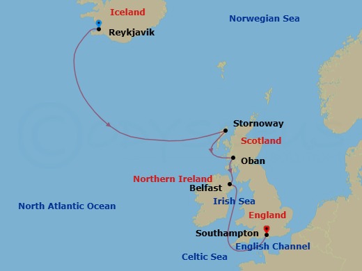 Route map: Reykjavik → Stornoway (Isle Of Lewis) → Oban → Belfast → Southampton
