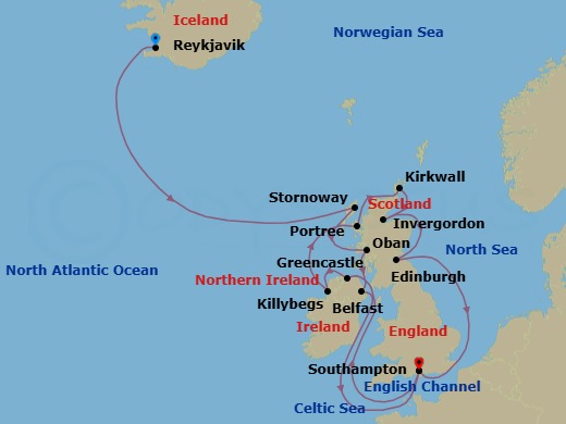 Route map: Reykjavik → Stornoway (Isle Of Lewis) → Oban → Belfast → Southampton → Greencastle (County Donegal) → Killybegs (County Donegal) → Portree → Kirkwall → Invergordon