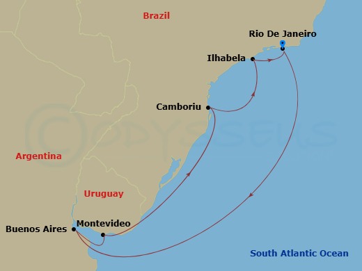 Route map: Rio De Janeiro → Buenos Aires → Montevideo → Camboriu (Brazil) → Illhabela → Rio De Janeiro