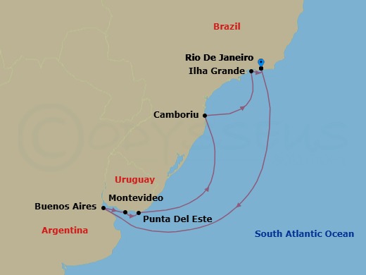 Route map: Rio De Janeiro → Buenos Aires → Montevideo → Punta Del Este → Camboriu (Brazil) → Copacabana (Rio de Jainero) Brazil → Rio De Janeiro