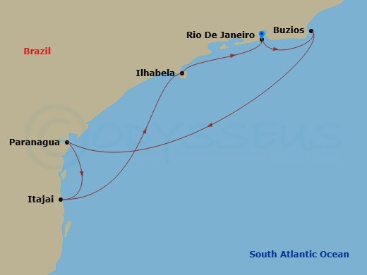 Route map: Rio de Janeiro Brazil → Buzios Brazil → Paranagua Brazil → Itajai Brazil → Ilhabela Brazil → Rio de Janeiro Brazil