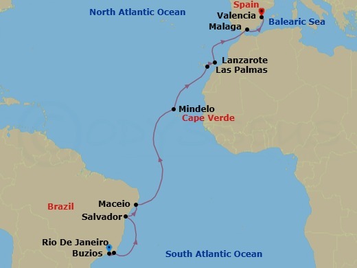 Route map: Rio De Janeiro → Buzios → Salvador → Maceio → Mindelo → Las Palmas → Lanzarote → Malaga → Valencia