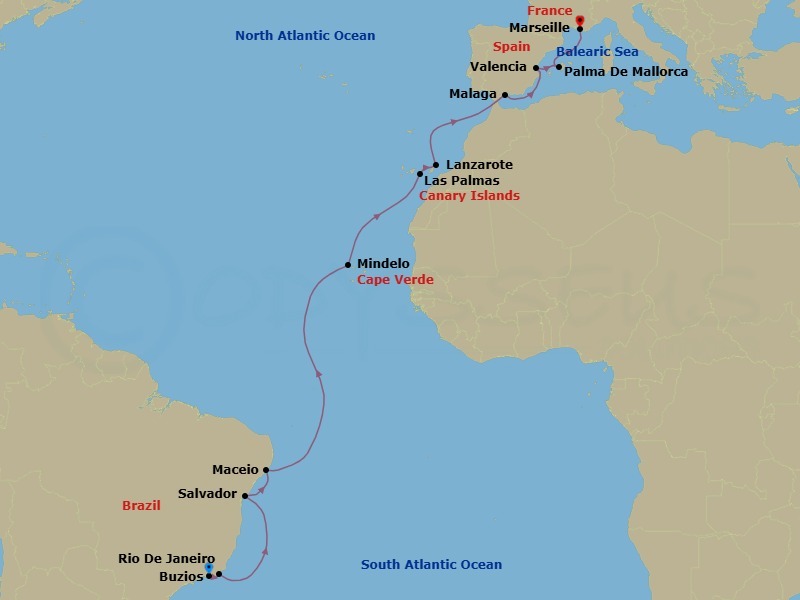 Route map: Rio De Janeiro → Buzios → Salvador → Maceio → Mindelo → Las Palmas → Lanzarote → Malaga → Valencia → Palma De Mallorca