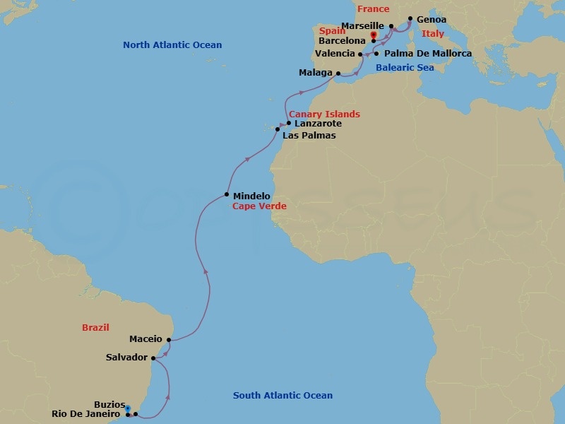 Route map: Rio De Janeiro → Buzios → Salvador → Maceio → Mindelo → Las Palmas → Lanzarote → Malaga → Valencia → Palma De Mallorca