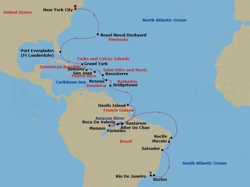 Route map: Rio De Janeiro → Buzios → Salvador → Maceio → Recife → Santarem → Boca Da Valeria → Manaus → Parintins → Crusing The Amazon