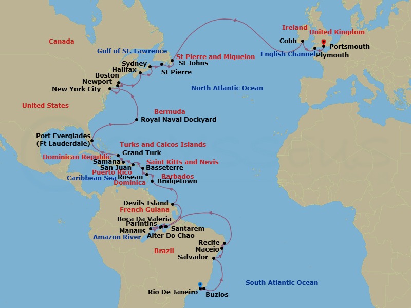 Route map: Rio De Janeiro → Buzios → Salvador → Maceio → Recife → Santarem → Boca Da Valeria → Manaus → Parintins → Crusing The Amazon
