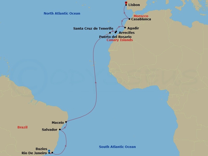 Route map: Rio De Janeiro → Buzios → Salvador → Maceio → Santa Cruz de Tenerife → Puerto del Rosario → Arrecifes → Agadir → Casablanca → Lisbon