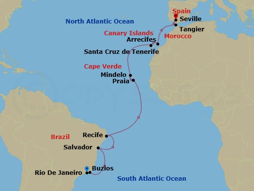 Route map: Rio de Janeiro, Brazil → Armacao dos Buzios, Brazil → Salvador da Bahia, Brazil → Recife, Brazil → Praia, Ilha de Santiago, Cabo Verde → Mindelo, Cabo Verde → Santa Cruz (Tenerife), Canary Islands, Spain → Arrecife, Lanzarote, Canary Islands, Spain → Tangier, Morocco → Seville, Spain
