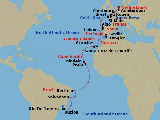 Route map: Rio de Janeiro, Brazil → Armacao dos Buzios, Brazil → Salvador da Bahia, Brazil → Recife, Brazil → Praia, Ilha de Santiago, Cabo Verde → Mindelo, Cabo Verde → Santa Cruz (Tenerife), Canary Islands, Spain → Arrecife, Lanzarote, Canary Islands, Spain → Tangier, Morocco → Seville, Spain