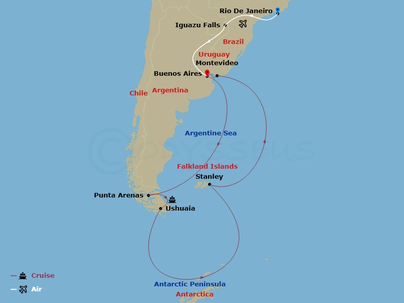 Route map: Rio de Janeiro, Brazil → Iguazu Falls, Brazil → Buenos Aires, Argentina → Punta Arenas, Chile → Ushuaia (Tierra del Fuego), Argentina → Falkland Islands (Stanley) → Montevideo, Uruguay → Buenos Aires, Argentina