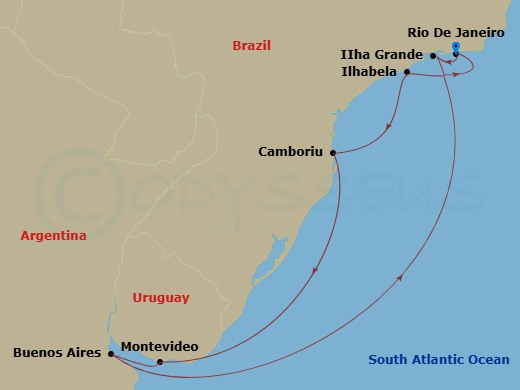 Route map: Rio De Janeiro → Copacabana (Rio de Jainero) Brazil → Buenos Aires → Montevideo → Camboriu (Brazil) → Illhabela → Rio De Janeiro