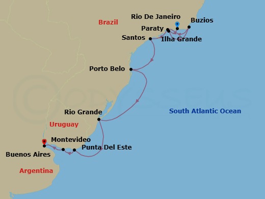 Route map: Rio De Janeiro → Ilha Grande → Buzios → Parati → Sao Paulo (Santos) → Porto Belo → Rio Grande → Punta Del Este → Montevideo → Buenos Aires