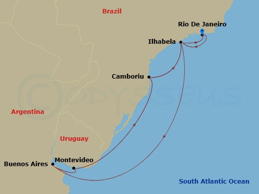 Route map: Rio De Janeiro → Illhabela → Buenos Aires → Montevideo → Camboriu (Brazil) → Illhabela → Rio De Janeiro