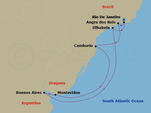 Route map: Rio De Janeiro → Illhabela → Buenos Aires → Montevideo → Camboriu (Brazil) → Angra Dos Reis → Rio De Janeiro